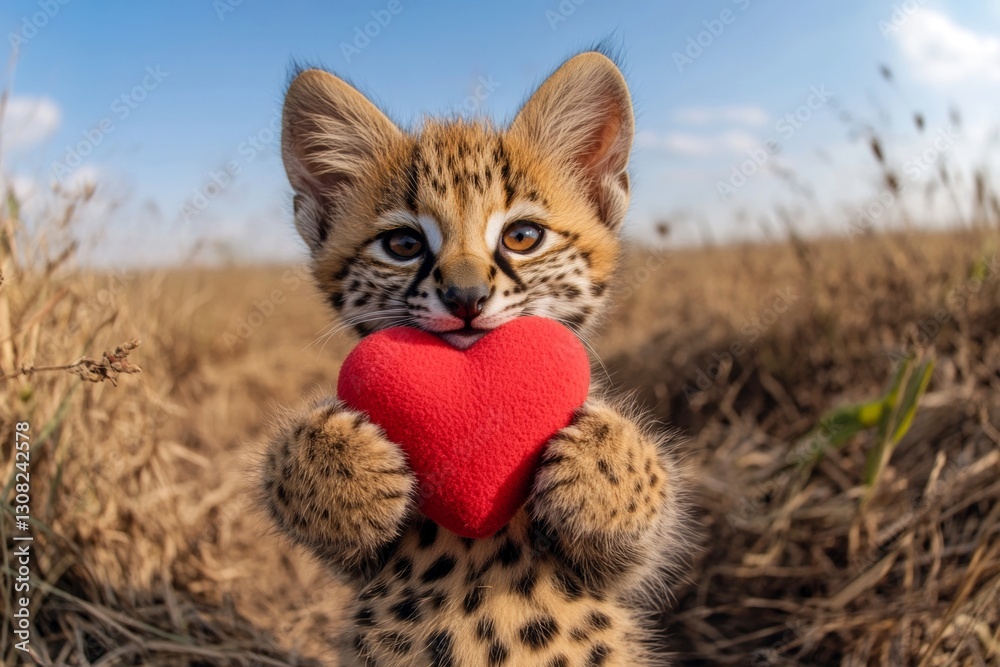 Serval - my preferred animal. Cute serval baby with companion toy red heart on in a natural habitat. Ad animal artwork idea. Valentineâ€™s day wildlife. Love is in the wild. Passion in the wild.
