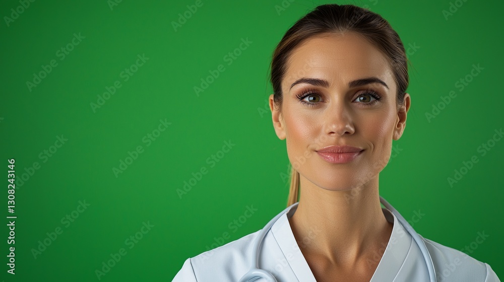 Fototapeta premium Confident Doctor: A captivating portrait of a female doctor with a stethoscope, radiating competence and compassion, standing against a green backdrop.