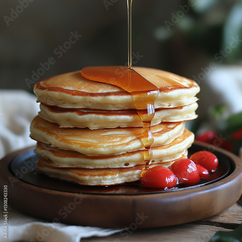 Fluffy pancakes stacked high, drizzled with syrup, and garnished with cherries create delicious breakfast scene. Perfect for food lovers and brunch enthusiasts