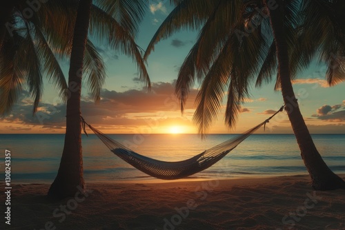 Fototapeta Naklejka Na Ścianę i Meble -  Serene hammock between palm trees on a secluded beach with a stunning sunset over the horizon