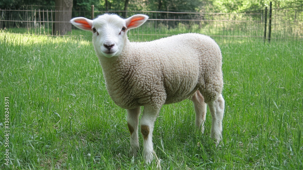 A pristine white sheep stands majestically in a lush green field, gazing leftward with its thick, shaggy wool catching the light, embodying serene elegance