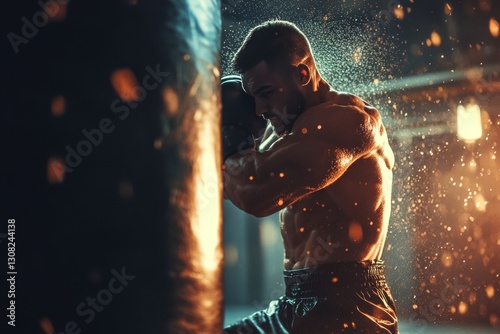 Intense boxing workout  athlete strikes heavy bag with power and precision in dimly lit gym setting