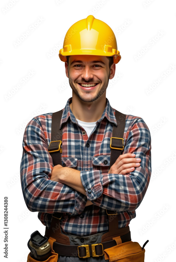A smiling construction worker in a yellow hard hat and a red-and-blue plaid shirt over tan work overalls, arms crossed A smiling construction worker in a yellow hard hat and a red-and-blue plaid shirt over tan work overalls, arms crossed