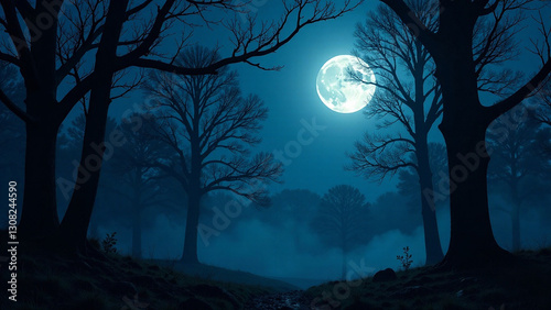 Generate a photo of a serene moonlit forest at night.  Full moon illuminating bare trees.  Focus on depth and mood; create a feeling of quiet mystery.  Use soft, ambient lighting.  Style should be rea