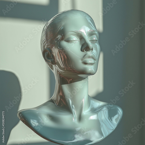 glossy, abstract sculpture of female bust with smooth features and reflective surface, showcasing artistic design and modern aesthetics
