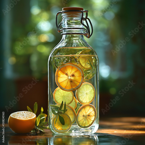 Refreshing lemon infused water in glass bottle, showcasing vibrant citrus slices and greenery. Perfect for hydration and summer vibes