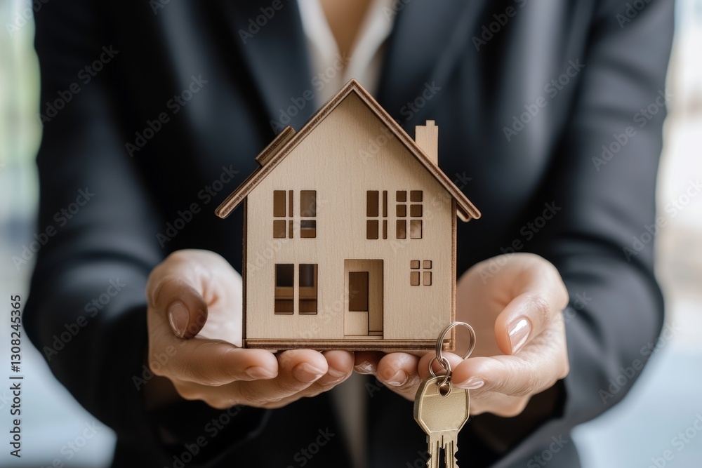 Real estate agent showcases house model with keys in professional photography and soft pastel tones Real estate agent showcases house model with keys in professional photography and soft pastel tones