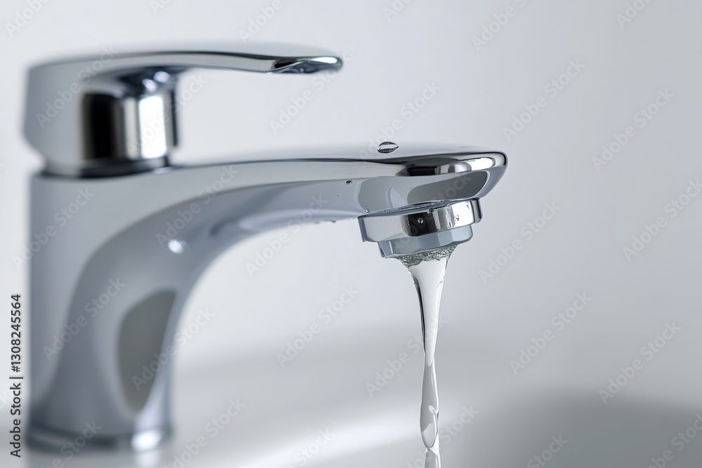 Close up of a chrome faucet with a water drop on a white background realistic photography shot Close up of a chrome faucet with a water drop on a white background realistic photography shot