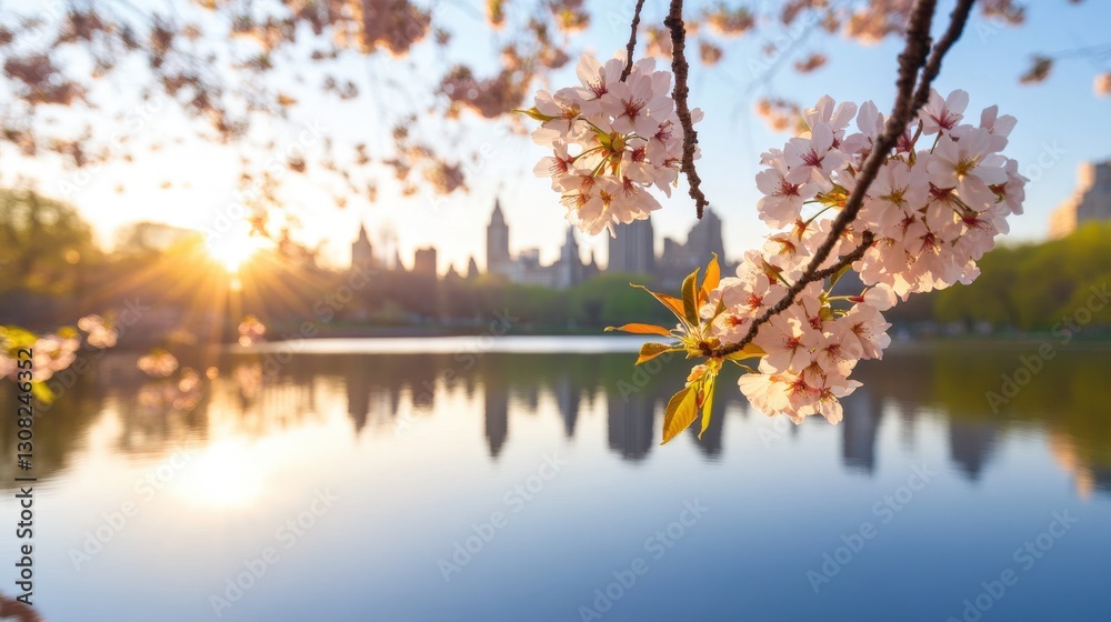 Cherry Blossoms Sunset Skyline Peaceful Cityscape Cherry Blossoms Sunset Skyline Peaceful Cityscape