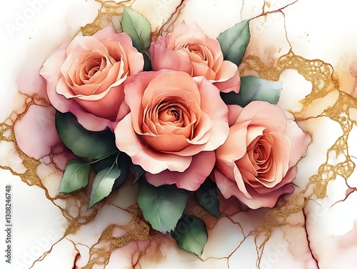 Roses Bouquet on Marbled Golden Background