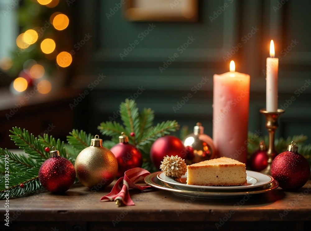 Generate a beautiful, high-quality AI photo of a classic Christmas card template featuring a festive table decorated with ornaments, ribbons, candles, and other Christmas decorations. Create depth an Generate a beautiful, high-quality AI photo of a classic Christmas card template featuring a festive table decorated with ornaments, ribbons, candles, and other Christmas decorations. Create depth an