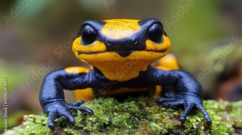 A vivid close-up captures a black and yellow fire salamander perched on lush green moss, its details striking against a softly blurred forest floor backdrop