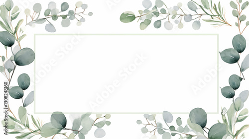 Eucalyptus leaves frame isolated on white background. Greenery wedding simple minimalist invitation. Watercolor style card.