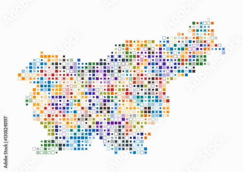 Slovenia, shape of the country build of colored cells. Digital style map of the Slovenia on white background. Small size square blocks. Trending vector illustration.