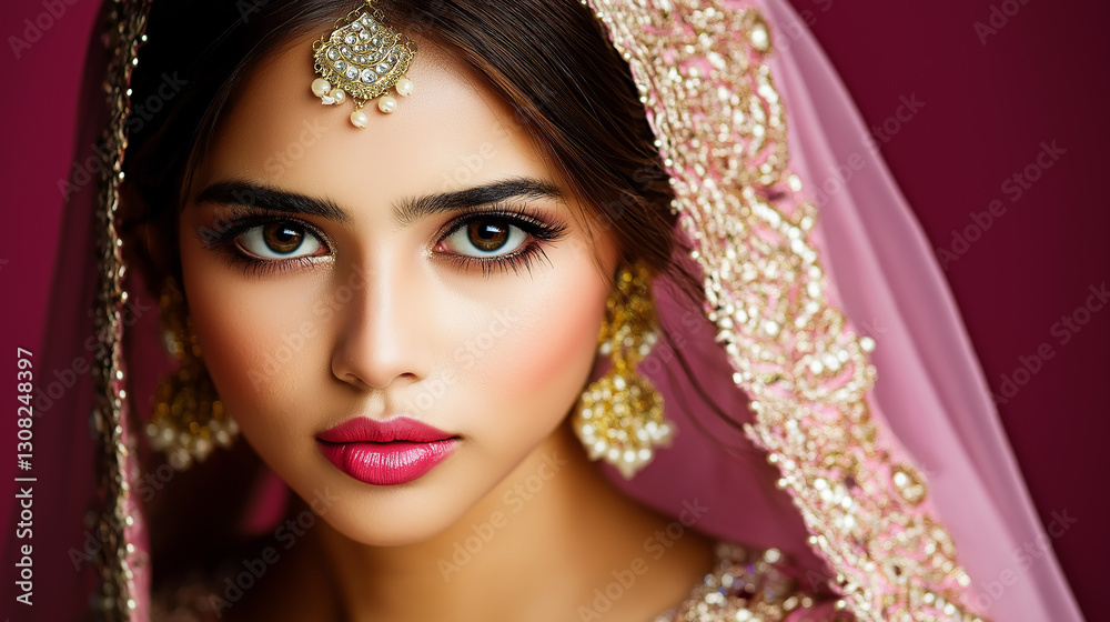 Fototapeta premium Beautiful indian bride wearing traditional clothes and jewelry posing for a portrait