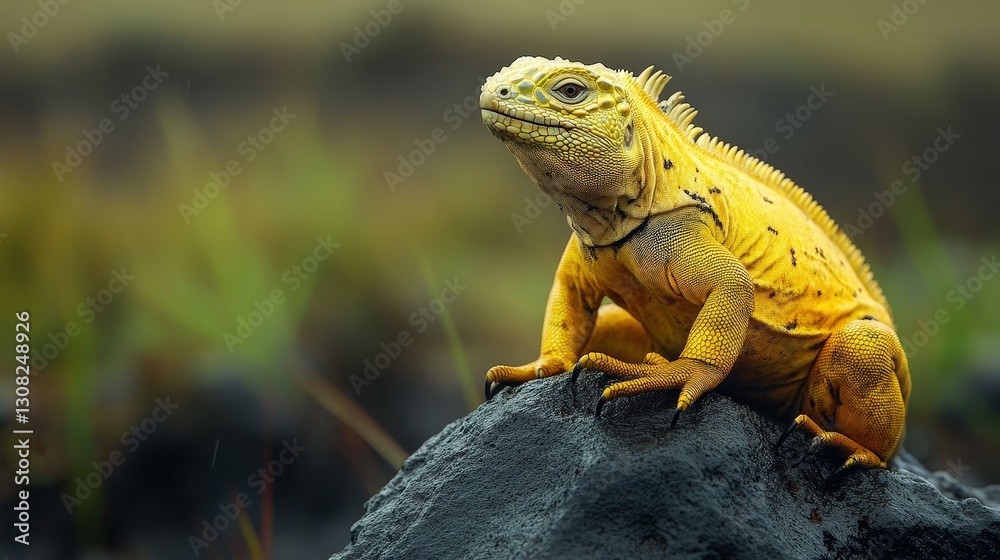 Fototapeta premium A majestic gray boulder tilts left, crowned by a vibrant yellow lizard poised with intent, eyes fixed to the right against a captivating landscape backdrop