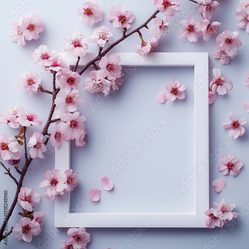 beautiful arrangement of cherry blossoms surrounding white frame, creating serene and elegant atmosphere. delicate pink flowers enhance overall aesthetic appeal
