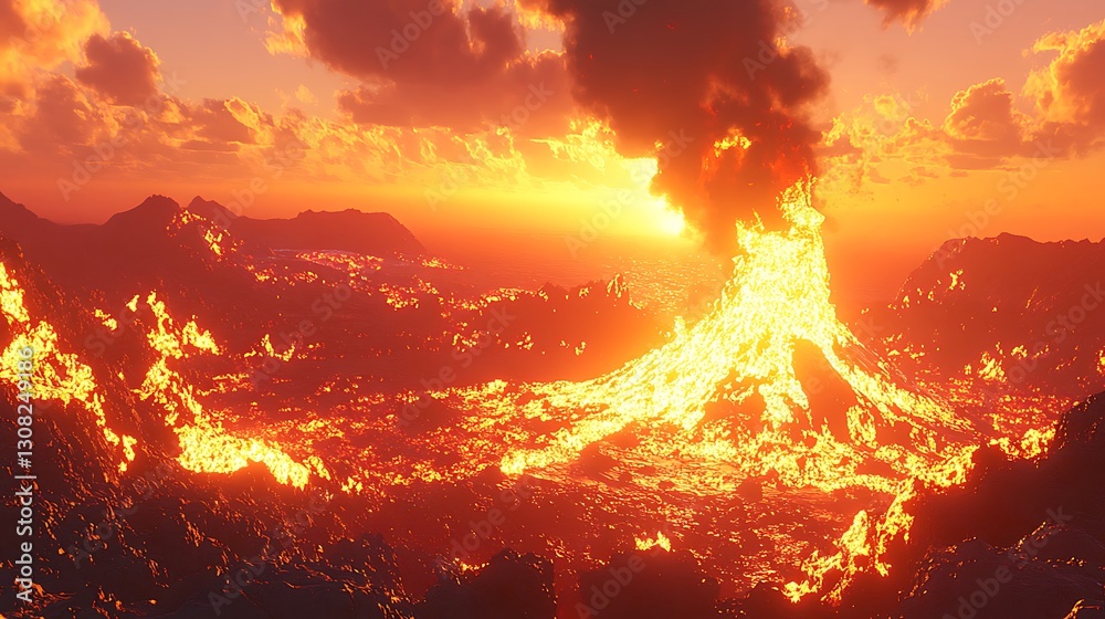 Fototapeta premium A volcano erupting molten lava under a fiery orange sky