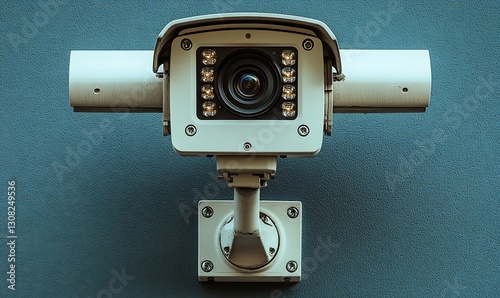 Overhead View of a White Security Camera Mounted on a Blue Wall