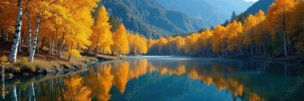 Obraz premium Vibrant aspen trees reflecting in calm Fish Lake , golden, utah fall