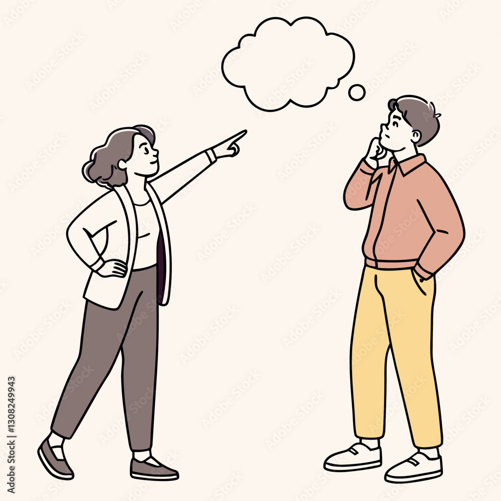 Woman Explaining Idea to Man with Thought Bubble Above Head Illustration Woman Explaining Idea to Man with Thought Bubble Above Head Illustration