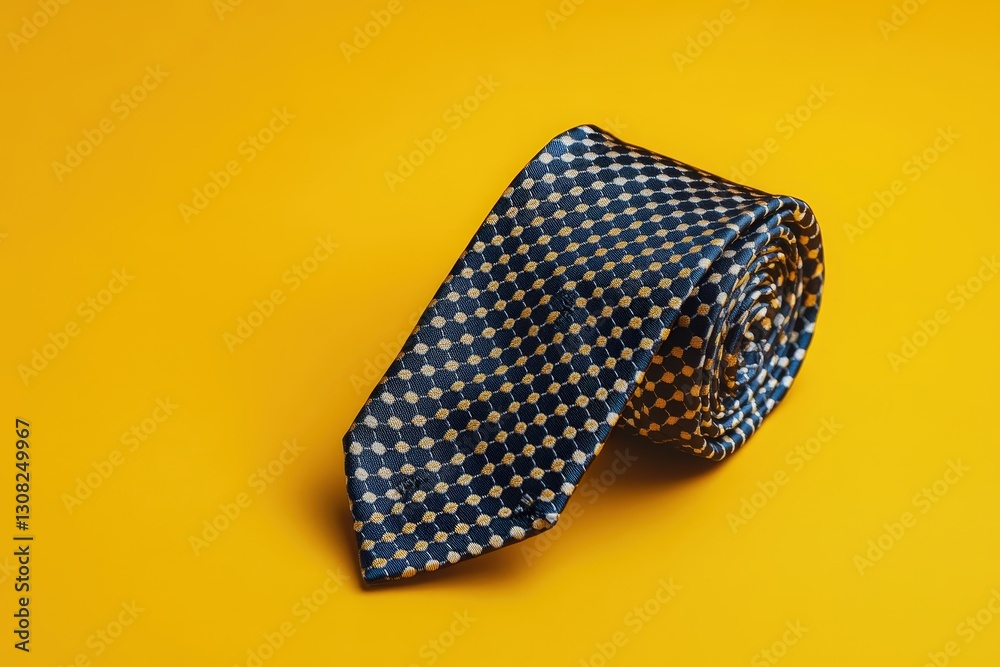 A Rolled Necktie with Pattern Lying on a Yellow Background A Rolled Necktie with Pattern Lying on a Yellow Background
