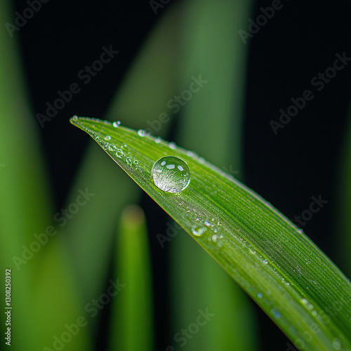 close up of green leaf with water droplet, showcasing nature beauty and intricate details. sharp focus highlights textures and freshness of leaf