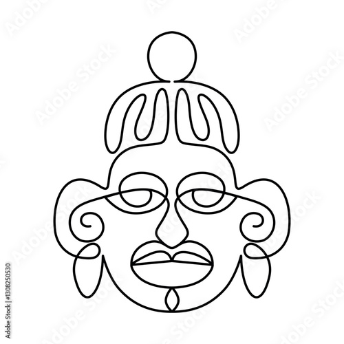 Ethnic Mask, drawn with continuous line in minimalism, abstract, Yoruba Mask, African culture, rituals of worship, cult of ancestors, one line, editable vector contour