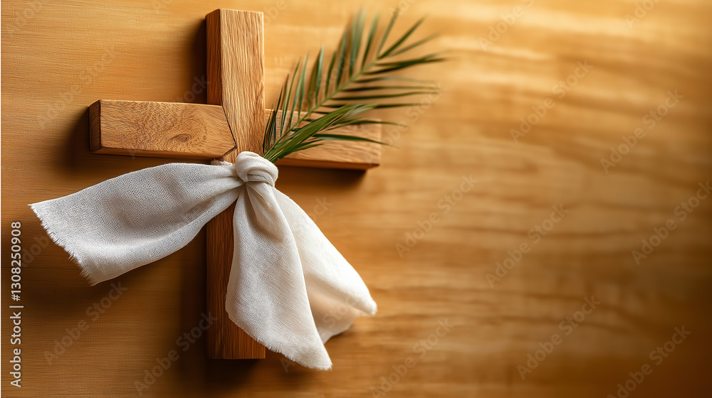 Christian cross with palm branch and white cloth symbolizing jesus entering jerusalem on palm sunday Christian cross with palm branch and white cloth symbolizing jesus entering jerusalem on palm sunday