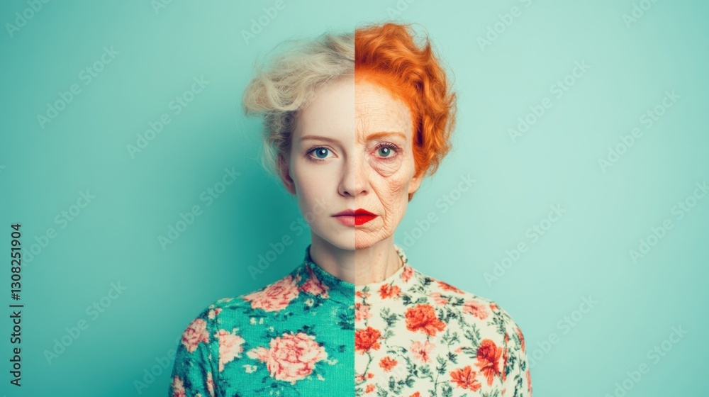 A split portrait contrasts youth and aging, showing a woman with floral patterns on one side and a detailed, aged look on the other A split portrait contrasts youth and aging, showing a woman with floral patterns on one side and a detailed, aged look on the other