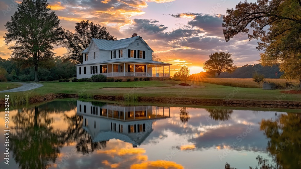 Obraz premium beautiful two-story white farmhouse with river beside