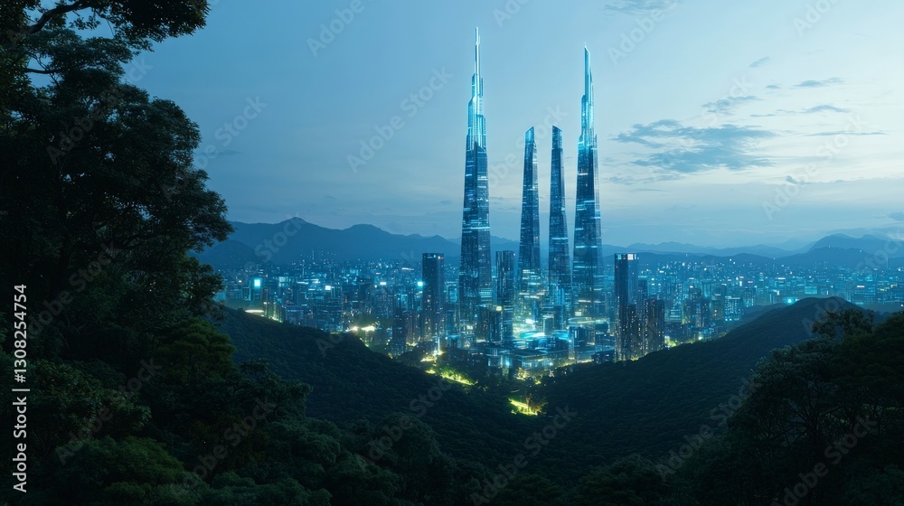 Obraz premium Futuristic Cityscape Skyscrapers Nature Night Lights
