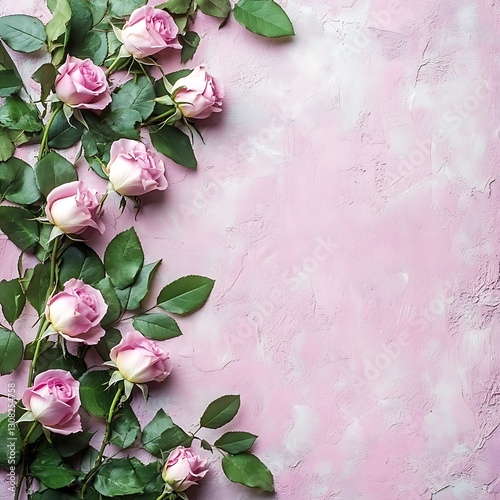 Roses cascade on pink textured surface