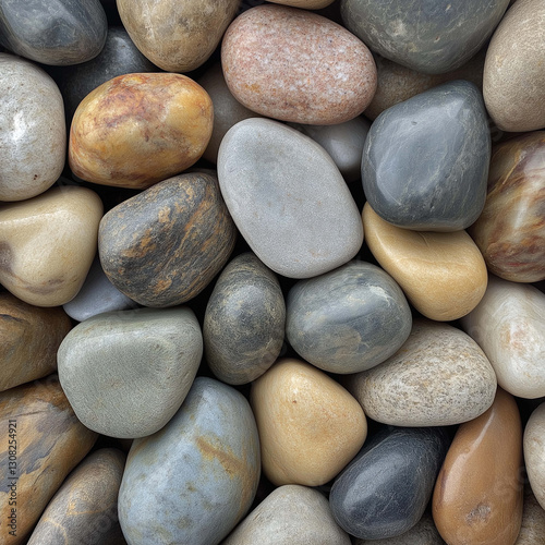 Smooth river stones in various colors and textures create natural, calming aesthetic. arrangement showcases earthy tones, perfect for landscaping or decorative purposes