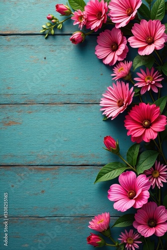 Vibrant blooms cascade over weathered wood planks, botanical, blossom, decor