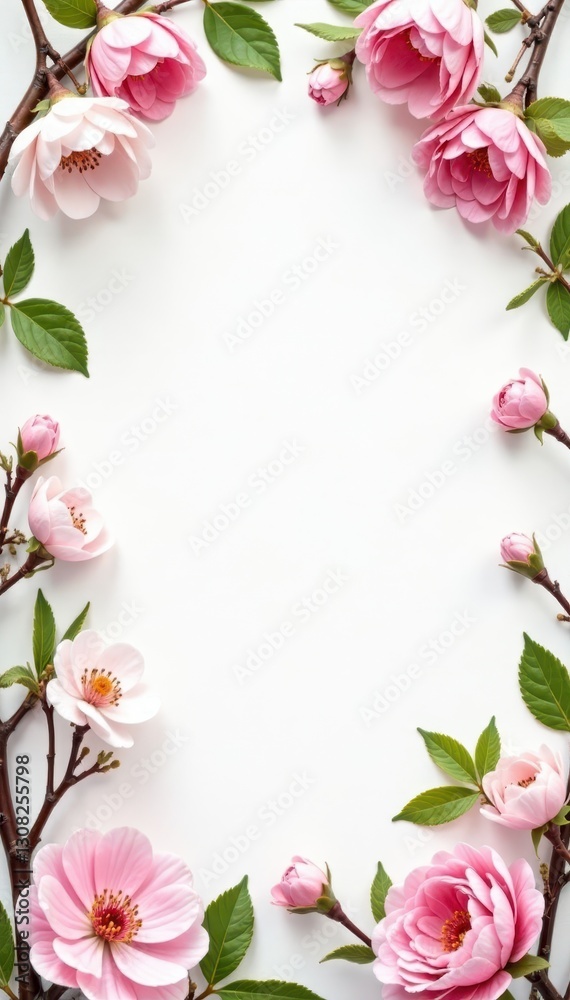 White pink floral frame, delicate blossoms, green leaves, spring theme , floral illustration, romantic, greeting card White pink floral frame, delicate blossoms, green leaves, spring theme , floral illustration, romantic, greeting card