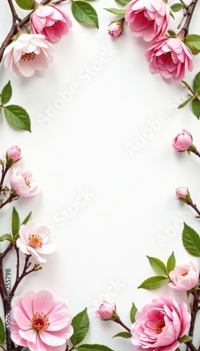 White pink floral frame, delicate blossoms, green leaves, spring theme , floral illustration, romantic, greeting card