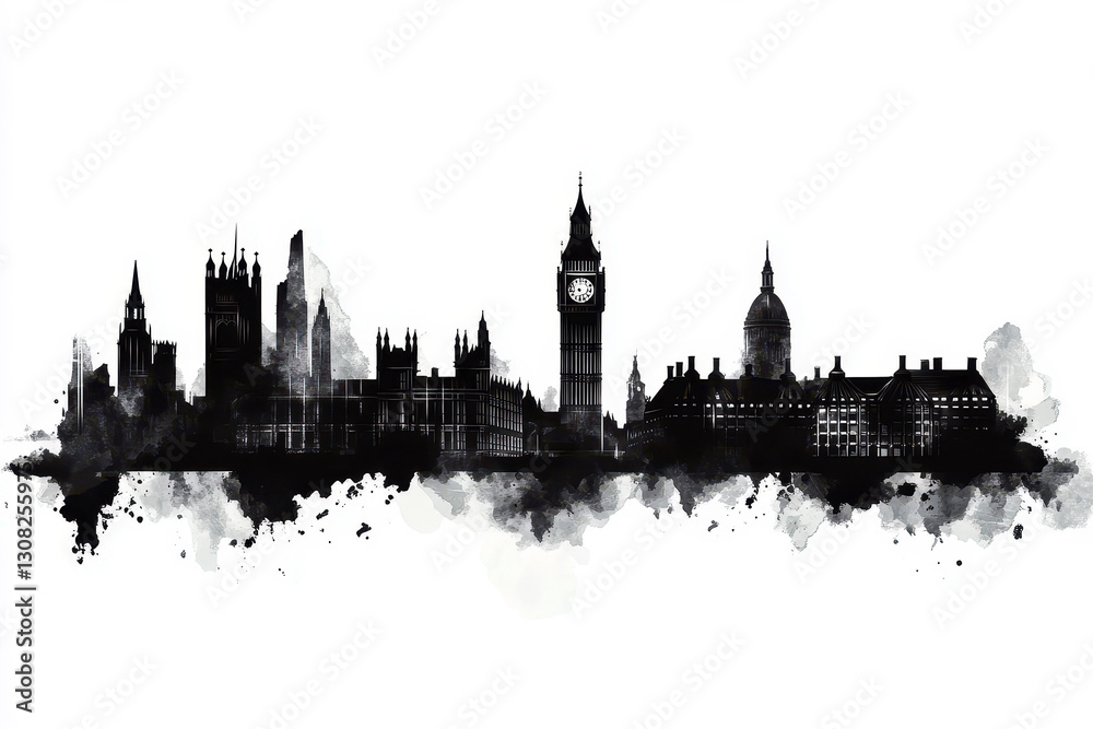Black and white silhouette of the big ben london skyline with a watercolor effect. Black and white silhouette of the big ben london skyline with a watercolor effect.