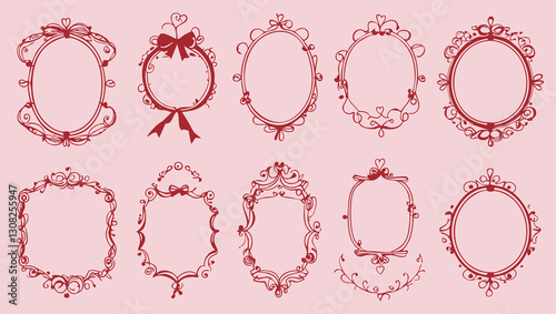 Elegant hand-drawn doodle frames with hearts, bows, and wavy lines in vintage coquette style for invitations and stationery  
