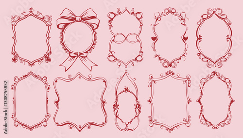 Elegant hand-drawn doodle frames with hearts, bows, and wavy lines in vintage coquette style for invitations and stationery  
