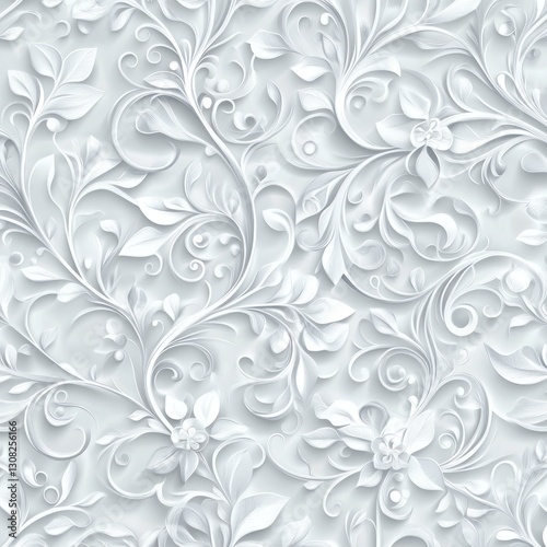 Ornate white floral pattern wallpaper background, for interior design, digital art, or surface design