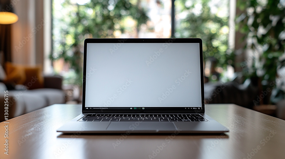 Modern laptop with a blank screen on a wooden desk in a cozy home office with natural lighting. Modern laptop with a blank screen on a wooden desk in a cozy home office with natural lighting.