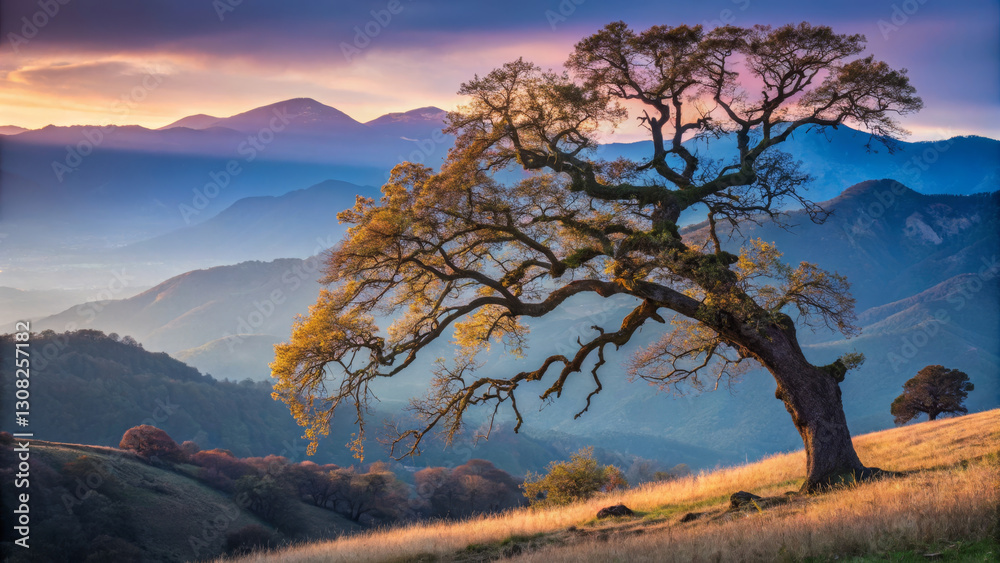 majestic tree stands alone on hillside, surrounded by rolling mountains and colorful sunset sky. scene captures beauty of nature and tranquility majestic tree stands alone on hillside, surrounded by rolling mountains and colorful sunset sky. scene captures beauty of nature and tranquility