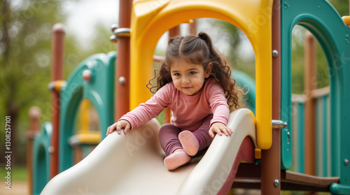 A smiling little girl with long brown hair on her way down a slide in a playground. Pink shirt. A fun, summer activity in a park.