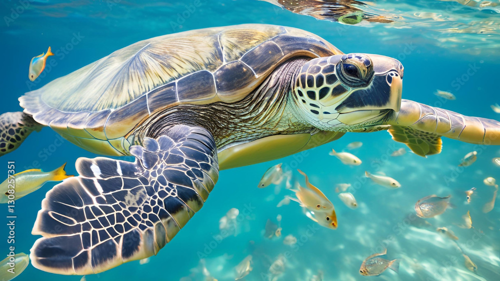 Fototapeta premium Majestic Green Sea Turtle Swimming Underwater with Tropical Fish
