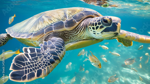 Majestic Green Sea Turtle Swimming Underwater with Tropical Fish