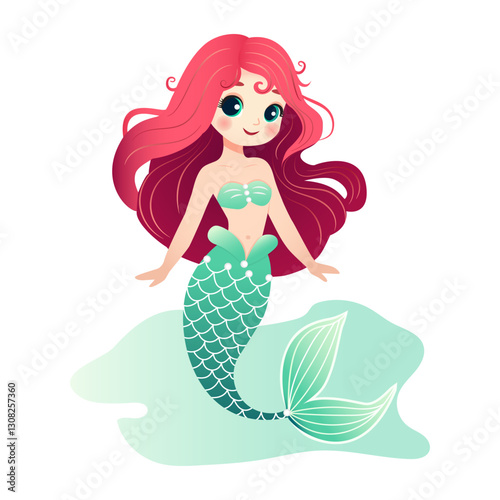 Cute mermaid sea princess.  A hand-drawn vector illustration.