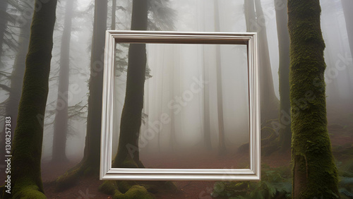 Misty Forest Scene Framed in White Ethereal Woodscape Image