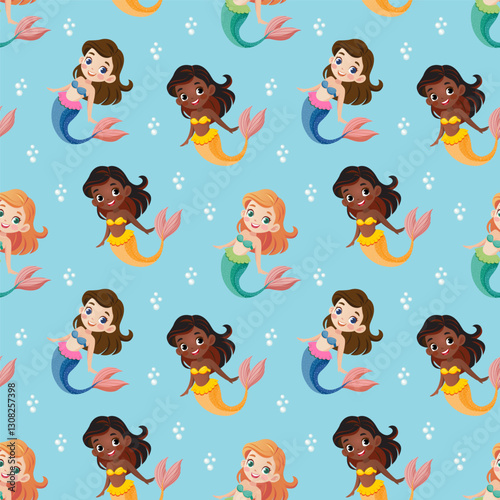 Seamless pattern of cute mermaid sea princesses. European and African American.  A hand-drawn vector illustration.