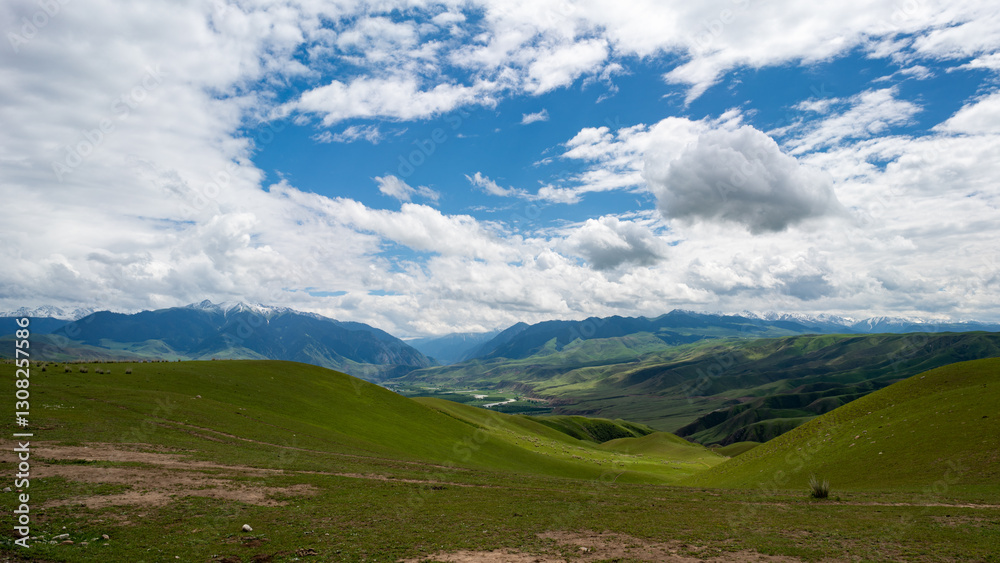 landscape with mountains and river and snow mountains. landscape with mountains and river and snow mountains.